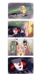  4koma anya_(spy_x_family) clown_nose comic hamachamu highres imminent_death it_(stephen_king) kneeling paper_boat pennywise pennywise_in_the_sewer_(meme) rain raincoat scared_expression spy_x_family thought_bubble twilight_(spy_x_family) umbrella yor_briar  rating:General score:13 user:ShadowNanako