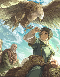  2boys animal arm_up bad_id bad_pixiv_id bird black_eyes black_hair blue_sky chinese_clothes claws closed_mouth cloud cloudy_sky commentary_request day facial_hair falcon feathers fur fur_collar fur_trim green_robe harusame_(rueken) horse horseback_riding layered_sleeves lens_flare long_sleeves looking_at_animal multiple_boys old old_man outdoors parted_lips pelt reins riding ringed_eyes robe saddle scar scar_on_face shirt short_hair short_over_long_sleeves short_sleeves shut_hell sky sunlight white_shirt yaralt yurul 