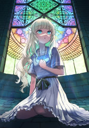 1girl :o absurdres arm_support backlighting black_bow blonde_hair blue_eyes blunt_bangs bow brick_floor brick_wall collarbone commentary dress ender_lilies_quietus_of_the_knights full_body highres holding jewelry lily_(ender_lilies) long_hair looking_up necklace open_mouth short_sleeves sitting solo stained_glass suki_byun very_long_hair waist_bow wavy_hair white_dress window rating:General score:12 user:danbooru