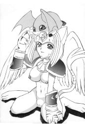  1girl armor blush bottomless breasts cat digimon egyptian female_focus furry furry_female gloves headpiece jewelry make monochrome monster monster_girl nefertimon nipples nude patamon shoulder_pads sphinx tail wings  rating:Explicit score:5 user:trooper