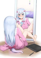 1girl absurdres bare_legs barefoot blue_eyes blush body_exploration bottomless bow breasts cellphone closed_mouth commentary convenient_leg drawing_tablet eromanga_sensei full-length_mirror full_body groin hair_bow hand_on_own_thigh highres holding holding_phone indoors izumi_sagiri knees_up loli long_hair looking_at_mirror low-tied_long_hair mirror nedia_(nedia_region) nervous_smile on_floor pajamas phone pink_bow pink_shirt reflection shirt shorts sidelocks silver_hair sitting sleepwear small_breasts smile solo spread_legs straight_hair stylus thighs unworn_shorts wooden_floor rating:Questionable score:93 user:danbooru
