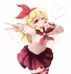  1girl alternate_costume blonde_hair bow_hairband box dungeon_toaster ellen_(touhou) gift hairband heart heart-shaped_box highres long_hair red_hairband shirt skirt solo thighhighs touhou touhou_(pc-98) valentine yellow_eyes 
