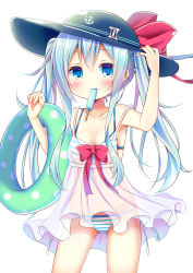 1girl absurdres adjusting_clothes adjusting_headwear alternate_costume alternate_hairstyle aqua_hair armpits bikini blue_eyes carrying collarbone commentary_request dress esureki flat_chest food hat hibiki_(kancolle) highres innertube kantai_collection long_hair looking_at_viewer mouth_hold popsicle see-through see-through_silhouette side-tie_bikini_bottom solo striped_bikini striped_clothes sun_hat swim_ring swimsuit twintails white_dress rating:Sensitive score:7 user:danbooru