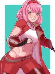  1girl abs angry breasts clenched_teeth fingerless_gloves fire_emblem fire_emblem_engage gloves hairband highres lapis_(fire_emblem) looking_at_viewer medium_breasts midriff mnejing30 muscular muscular_female navel nintendo pink_hair red_hairband short_hair solo teeth warrior_outfit_(fire_emblem_engage) 