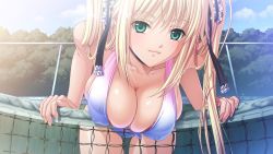 1girl bent_over bikini blonde_hair breasts chain-link_fence choker cleavage cloud cloudy_sky day covered_erect_nipples fence frills game_cg green_eyes hair_ribbon kyonyuu_majo large_breasts long_hair looking_at_viewer net outdoors q-gaku ribbon sky smile solo swimsuit tenma_cecile tennis_net thigh_gap thighs tree twintails  rating:Questionable score:93 user:danbooru