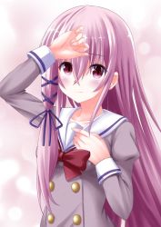  1girl arm_up blush bow closed_mouth commentary_request dress engage_kiss grey_dress hair_between_eyes hair_ribbon highres juliet_sleeves kaze_makase kisara_(engage_kiss) long_hair long_sleeves looking_at_viewer pink_hair puffy_sleeves purple_eyes purple_ribbon red_bow ribbon sailor_collar sailor_dress solo very_long_hair white_sailor_collar 