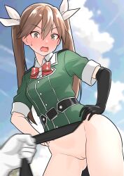  1girl 1other black_gloves blush breasts brown_eyes brown_hair cowboy_shot day elbow_gloves full-face_blush furaggu_(frag_0416) gloves gluteal_fold green_jacket hair_between_eyes hands_on_own_hips highres jacket kantai_collection long_hair looking_down medium_breasts outdoors pelvic_curtain pussy short_sleeves single_elbow_glove solo_focus tone_(kancolle) tone_kai_ni_(kancolle) twintails 
