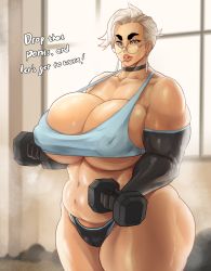  1girl blue_eyes breasts cleavage curvy english_text engrish_text female_focus glasses highres huge_breasts indoors jujunaught miffu_(donaught) navel original parted_lips ranguage short_hair silver_hair solo standing thick_eyebrows thick_thighs thighs  rating:Questionable score:37 user:jojosstand