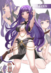  1boy 1girl animal_ears bare_shoulders breasts cat_ears chain commentary criss-cross_halter feet_out_of_frame fern_(sousou_no_frieren) halterneck hand_up highres holding holding_staff large_breasts long_hair looking_at_viewer midriff multiple_views navel pelvic_curtain purple_eyes purple_hair red_hair sousou_no_frieren staff standing stark_(sousou_no_frieren) stomach ten-chan_(eternal_s) thighs very_long_hair white_background yomorio_lingerie 