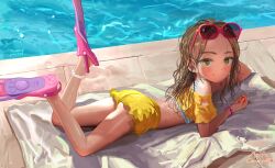  1girl banned_artist bikini brown_hair closed_mouth crocs feet_up female_focus flippers forehead full_body highres long_hair looking_at_viewer lying masuda_(yousaytwosin) on_ground on_stomach original pink_footwear poolside signature smile solo swimsuit the_pose wet wet_hair yellow_bikini yellow_eyes  rating:Sensitive score:95 user:hdk5