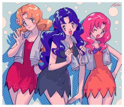  3girls :d ;d badge blonde_hair blue_hair bow breasts cleavage creatures_(company) daisy_(pokemon) dress dress_bow flower game_freak gym_leader_badge hair_flower hair_ornament hand_on_own_hip highres holding_badge kwsby_124 lily_(pokemon) long_hair looking_at_viewer multiple_girls nintendo one_eye_closed open_mouth pink_hair pokemon pokemon_(anime) pokemon_(classic_anime) purple_bow siblings signature sisters sleeveless sleeveless_dress smile towel towel_around_neck violet_(pokemon) 