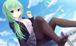 1girl arm_at_side black_jacket black_pantyhose blue_sky breasts blowing_bubbles cloud collared_shirt commentary day dutch_angle eyelashes eyes_visible_through_hair feet green_hair grey_skirt gyaoo_yuzu_soft hair_between_eyes hand_up jacket knees_up long_hair looking_at_viewer low_ponytail medium_breasts miniskirt no_shoes open_clothes open_jacket original outdoors pantyhose parted_lips plaid plaid_skirt pleated_skirt purple_eyes school_uniform shirt sitting skirt sky soap_bubbles solo thighband_pantyhose tights_day white_shirt