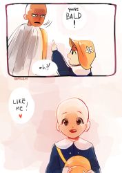  1boy 1girl bag bald bapogichi brown_eyes cape child english_text flower frown hat heart looking_back missing_tooth missing_tooth one-punch_man saitama_(one-punch_man) smile  rating:Sensitive score:42 user:danbooru
