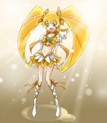 10s 1girl :d blonde_hair boots bow brooch choker creature cure_sunshine dress female_focus full_body gradient_background hair_ribbon happy heart heartcatch_precure! jewelry long_hair magical_girl maryu midriff myoudouin_itsuki navel open_mouth potpourri_(heartcatch_precure!) precure ribbon smile solo twintails yellow_eyes  rating:Sensitive score:2 user:danbooru