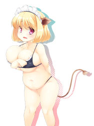 1girl animal_ears belly blonde_hair blush breasts bursting_breasts cow_ears cow_tail highres huge_breasts large_breasts navel original pedocchi plump red_eyes short_hair simple_background solo tail thick_thighs thighs undersized_clothes white_background rating:Questionable score:51 user:danbooru