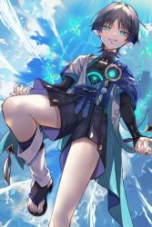 1boy black_hair blue_sky flying from_below full_body genshin_impact halo japanese_clothes looking_at_viewer male_focus open_mouth sandals scaramouche_(genshin_impact) shorts sky smile smirk snow20200 solo tagme thighs vision_(genshin_impact) wanderer_(genshin_impact)