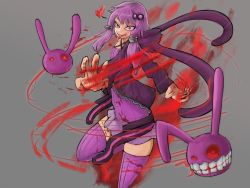  1girl anderhorlo blood blood_in_mouth blood_on_clothes blood_on_face blood_on_hands hair_ornament heart highres hood hoodie jagged_teeth rabbit_ears red_eyes simple_background solo thighhighs tongue tongue_out voiceroid yuzuki_yukari  rating:General score:1 user:pokeball99