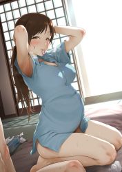 1boy 1girl absurdres aftersex armpits bottomless brown_eyes brown_hair hair_tie_in_mouth highres idolmaster idolmaster_cinderella_girls looking_at_viewer mouth_hold nitta_minami pija_(pianiishimo) pregnant smile steam steaming_body sweat sweatdrop third-party_edit tying_hair used_tissue rating:Questionable score:238 user:aaa