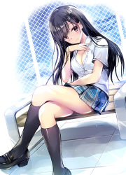  1girl bad_id bad_pixiv_id black_footwear black_hair black_socks blue_skirt blush bra breasts brown_eyes buttons cleavage closed_mouth collared_shirt commentary_request crossed_legs hair_ornament hairclip hand_up highres kneehighs kobayashi_chisato loafers long_hair looking_at_viewer medium_breasts miniskirt multicolored_hair original partially_unbuttoned pink_hair plaid plaid_skirt pleated_skirt school_uniform shirt shoes short_sleeves sidelocks sitting skirt smile socks solo streaked_hair thighs underwear v-shaped_eyebrows white_bra white_shirt  rating:Sensitive score:31 user:danbooru