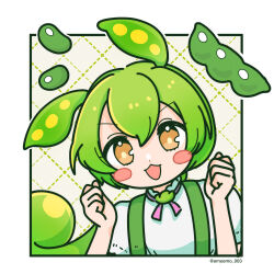  1girl :3 blush_stickers green_hair hands_up highres long_hair looking_at_viewer low_ponytail moesaku6 open_mouth pea_pod ponytail smile solo suspenders voicevox yellow_eyes zundamon 
