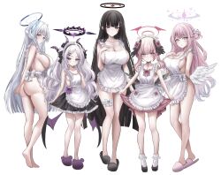  5girls absurdres apron ass at_congju barefoot black_hair blue_archive blush breasts closed_mouth collarbone demon_horns hair_bun hair_ornament hair_ribbon hairpin halo highres hina_(blue_archive) horns knee_strap koharu_(blue_archive) large_breasts long_hair looking_at_viewer maid maid_headdress medium_breasts mika_(blue_archive) multiple_girls naked_apron noa_(blue_archive) pink_eyes pink_hair purple_eyes red_eyes ribbon rio_(blue_archive) sideboob single_side_bun small_breasts socks twintails white_background white_hair 