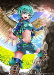  1girl :d ahoge aqua_hair aqua_shorts blue_eyes blue_sky cave cloud cloudy_sky copyright_notice day field flower flower_field groin long_sleeves navel official_art open_mouth outdoors outstretched_arm shinkai_no_valkyrie short_hair shorts sky smile solo teeth upper_teeth_only wings yoshino35 