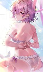 1girl absurdres alternate_costume arutera ass back bare_arms bare_shoulders barefoot bra breasts fate/grand_order fate_(series) frilled_panties frills from_behind highres looking_back mash_kyrielight medium_breasts open_bra panties polka_dot polka_dot_panties purple_eyes purple_hair shoulder_blades sitting solo spaghetti_strap strap_slip tying underwear underwear_only wariza white_bra white_panties rating:Sensitive score:33 user:danbooru