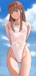  1girl arm_behind_back blue_eyes blue_sky breasts brown_hair cloud collarbone commentary competition_swimsuit cowboy_shot dead_or_alive gluteal_fold hairband highleg highleg_swimsuit highres hitomi_(doa) long_hair looking_to_the_side medium_breasts one-piece_swimsuit pink_hairband popo_agaga see-through sky solo standing swimsuit white_one-piece_swimsuit 