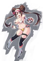  1girl arniro111 bikini blue_eyes breasts brown_hair cleavage creatures_(company) detached_sleeves double_bun doughnut_hair_bun game_freak hair_bun highres holding holding_poke_ball large_breasts long_hair looking_at_viewer navel nintendo open_mouth poke_ball poke_ball_(basic) pokemon pokemon_bw2 rosa_(pokemon) simple_background smile solo swimsuit thigh_strap thighhighs thighs twintails visor_cap 