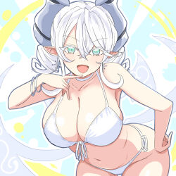  1girl bikini blue_eyes breasts cleavage commission cowboy_shot curled_horns daiichi_(1279220) demon_girl demon_horns duel_monster grey_hair highres horns huge_breasts leaning_forward looking_at_viewer lovely_labrynth_of_the_silver_castle navel skeb_commission smile swimsuit twintails white_bikini yu-gi-oh! 