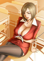 1girl arm_support black_garter_straps black_thighhighs bob_cut bra bra_peek breasts brown_eyes brown_hair business_suit chair classroom cleavage collarbone collared_shirt cover cover_page crossed_legs curvy desk dress formal garter_belt garter_straps indoors jacket jewelry lace lace-trimmed_legwear lace_trim large_breasts lips lipstick looking_at_viewer makeup matching_hair/eyes microdress microskirt minidress miniskirt nagumo_kyouko necklace novel on_desk parted_lips pencil_skirt pendant pointer purple_bra red_dress red_jacket red_skirt school school_chair school_desk shiny_skin shirt short_hair sitting skirt skirt_suit sleeves_rolled_up solo suit sunlight tatsunami_youtoku teacher teeth thighhighs tied_shirt underwear yuuwaku_no_onna_kyoushi  rating:Questionable score:37 user:ron2k15