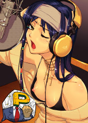  1boy 1girl baggy_clothes bare_shoulders blue_hair breasts brown_eyes covered_erect_nipples downblouse ginga_cosmo headphones highres idolmaster idolmaster_(classic) jewelry kisaragi_chihaya long_hair loose_clothes microphone necklace nipple_slip nipples one_eye_closed p-head_producer producer_(idolmaster) recording recording_studio small_breasts studio_microphone sweater wince wink yellow_eyes 
