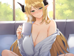 1girl anza_tomo bare_legs bare_shoulders blonde_hair blush bottomless breasts buttons character_request cleavage coffee coffee_mug collarbone collared_shirt couch cup day demon_girl demon_horns dress_shirt green_eyes grey_shirt hair_between_eyes half-closed_eyes hand_up head_tilt highres holding holding_cup horns indian_style indoors large_breasts long_hair long_sleeves looking_at_viewer mug naked_shirt no_bra non-web_source off_shoulder on_couch open_clothes open_shirt original pillow pointy_ears shirt shirt_tug sidelocks sitting smile solo tree very_long_hair virtual_youtuber white_shirt window wing_collar rating:Questionable score:32 user:danbooru