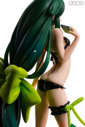 1girl 2016 absurdly_long_hair arm_at_side arm_up ass bikini black_bikini black_footwear bow breasts bridal_garter butt_crack collarbone commentary contrapposto english_commentary female_focus figure from_behind from_side gatchaman_crowds green_bow green_hair green_ribbon grey_background groin head_tilt high_heels holding holding_notebook long_hair miya_utsutsu navel notebook photo_(medium) ribbon simple_background small_breasts solo swimsuit very_long_hair yokoshima_shinpei