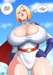  1girl blonde_hair breasts cape cleavage dc_comics english_text gloves highres huge_breasts parvad power_girl red_cape solo  rating:Sensitive score:73 user:MysteryJ1
