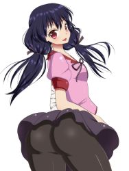 1girl artist_request ass bakemonogatari bandages bike_shorts black_pantyhose blue_hair blush breasts from_behind hair_ribbon highres huge_ass kanbaru_suruga long_hair looking_at_viewer looking_back low_twintails monogatari_(series) open_mouth pantyhose pink_eyes ribbon shiny_clothes shiny_skin sideboob skirt smile solo twintails rating:Questionable score:39 user:armorcrystal