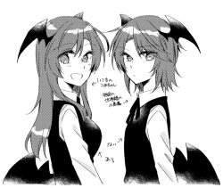  2girls :/ :d alternate_hair_length alternate_hairstyle bat_wings black_bow black_bowtie black_vest black_wings bow bowtie breasts collared_shirt cropped_torso dress_shirt flat_chest greyscale hair_between_eyes head_wings koakuma long_hair long_sleeves looking_at_viewer looking_to_the_side low_wings medium_breasts monochrome multiple_girls open_mouth shirt short_hair simple_background smile touhou translation_request upper_body vest white_background white_shirt wings yuuta_(monochrome) 