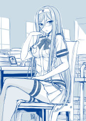  10s 1girl :o alternate_costume aoki_hagane_no_arpeggio bespectacled blush bow chair glasses highres crossed_legs long_hair looking_at_viewer luzi mole mole_under_mouth monochrome open_mouth short_sleeves signature sitting sketch skirt solo takao_(aoki_hagane_no_arpeggio) thighhighs uniform very_long_hair  rating:Sensitive score:19 user:danbooru