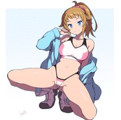  1girl 2024 batta_16-sei blue_eyes blue_jacket bra breasts brown_hair cameltoe cleavage gundam gundam_build_fighters gundam_build_fighters_try highres hoshino_fumina jacket kneeling large_breasts long_hair looking_at_viewer midriff navel open_clothes open_jacket partially_visible_vulva ponytail shoes signature simple_background smile solo solo_focus sports_bra spread_legs squatting thong underwear white_footwear 