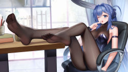 1girl animal_ears azur_lane bare_shoulders black_leotard black_pantyhose blue_eyes blue_hair blue_nails breasts chair chinese_commentary cleavage commentary_request fake_animal_ears feet feet_on_table foot_focus foreshortening full_body hand_up highres hong_bai indoors large_breasts leotard long_hair looking_at_viewer nail_polish new_jersey_(azur_lane) new_jersey_(exhilarating_steps!)_(azur_lane) office_chair official_alternate_costume on_chair one_eye_closed open_mouth pantyhose playboy_bunny rabbit_ears see-through see-through_cleavage sitting soles solo swivel_chair table toes tongue tongue_out very_long_hair rating:Sensitive score:103 user:danbooru