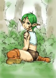  1boy aian androgynous bad_id boots green_hair looking_at_viewer looking_back pointy_ears shoe_soles shorts sitting smile solo tattoo thigh_boots thighhighs trap tree  rating:Sensitive score:16 user:pantsukiller