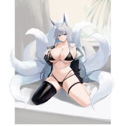  1girl absurdres animal_ear_fluff animal_ears azur_lane bare_shoulders barefoot bikini black_bikini black_jacket black_thighhighs blue_eyes breasts cleavage closed_mouth collarbone fox_ears fox_girl fox_tail gluteal_fold grey_hair hand_up highres jacket kitsune kyuubi large_breasts latex latex_thighhighs long_hair long_sleeves looking_at_viewer multi-strapped_bikini_bottom multiple_tails navel off_shoulder open_clothes open_jacket pulled_by_self shinano_(azur_lane) single_thighhigh sitting skindentation solo stomach strap_pull string_bikini suo_bu_ye_feng swimsuit tail thigh_strap thighhighs thighs very_long_hair wariza 