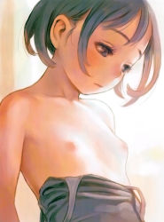  1girl blush breasts brown_eyes brown_hair clothes_pull collarbone expressionless futuregraph highres lips loli looking_down murata_range nipples one-piece_swimsuit one-piece_swimsuit_pull sad school_swimsuit short_hair small_breasts solo swimsuit tareme topless upper_body  rating:Questionable score:361 user:llenocir