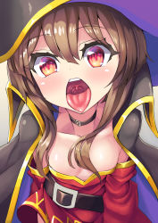  1girl bare_shoulders belt brown_hair cape collar dress eyelashes from_above hat highres kono_subarashii_sekai_ni_shukufuku_wo! lips looking_at_viewer looking_up megumin ninopal open_mouth oral_invitation red_dress red_eyes short_hair short_hair_with_long_locks solo strapless strapless_dress teeth tongue tongue_out tube_dress upper_body upper_teeth_only uvula  rating:Questionable score:121 user:Namlykaj
