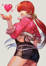  1girl ass blowing_kiss breasts dress from_side fur_trim hair_over_eyes hand_on_own_hip heart hungry_clicker jacket large_breasts lips long_hair pink_jacket ponytail red_hair shermie_(kof) skirt snk solo the_king_of_fighters the_king_of_fighters_xv thick_lips traditional_media  rating:Sensitive score:59 user:danbooru
