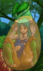  1girl ass boots breasts bule character_request digestion dissolving_clothes female_focus full_body green_hair hair_ribbon inside_creature knee_boots long_hair monster nature navel open_mouth pitcher_plant plant plant_vore pregnant ribbon see-through sky solo torn_clothes vore  rating:Explicit score:51 user:Sanguine_Shadow