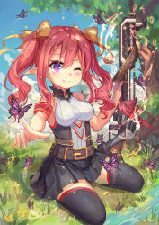 1girl atdan bad_id bad_pixiv_id bug butterfly curly_hair day drill_hair grass bug land_of_caromag looking_at_viewer official_art one_eye_closed original outdoors pink_hair pointing pointing_at_viewer pointy_ears purple_eyes river sitting sky solo tree twin_drills water rating:Sensitive score:12 user:danbooru