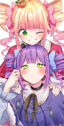  2girls absurdres adjusting_hair alternate_costume bibi_(tokoyami_towa) black_choker black_socks blonde_hair blue_bow blue_shirt blunt_bangs blush bow capelet choker commentary_request drill_hair frilled_sleeves frills furrowed_brow gradient_hair green_eyes hair_bow hands_on_another&#039;s_shoulders highres hololive long_hair long_sleeves looking_at_another momosuzu_nene multicolored_hair multiple_girls nekko_(momosuzu_nene) okome_0628 one_eye_closed pink_bow purple_capelet purple_hair red_capelet shirt sidelocks smile socks tokoyami_towa twin_drills upper_body virtual_youtuber white_background 