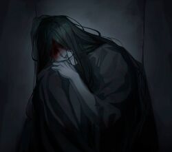  1boy black_cloak black_hair cloak closed_mouth colored_skin dark facing_viewer grey_skin homicipher htowa lips long_hair long_sleeves looking_at_viewer mr._crawling sitting smile solo torn_clothes torn_sleeves very_long_hair 