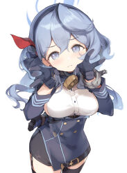  1girl ako_(blue_archive) bell black_gloves black_hairband black_skirt black_thighhighs blue_archive blue_eyes blue_hair blue_halo blush breasts buttons closed_mouth cowboy_shot cuffs garter_straps gloves hair_between_eyes hairband halo handcuffs highres large_breasts long_hair long_sleeves looking_at_viewer miya_kazutomo neck_bell sideboob simple_background skirt solo thighhighs white_background 